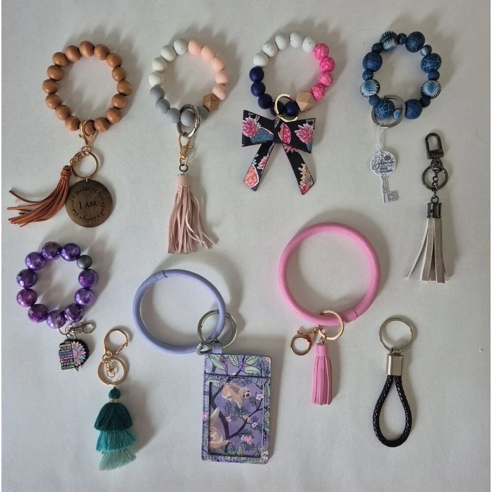Lot Of 10 Silicone Beaded Tassel Charms Bangle Wristlet Key Chains ID Holder